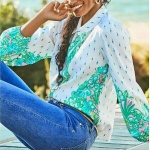 Lilly Pulitzer Green and White Boxy Long Sleeve Shirt